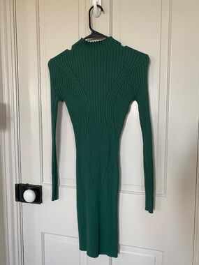 Lulu's Emerald Green Ribbed Long-Sleeve Mock Neck Dress